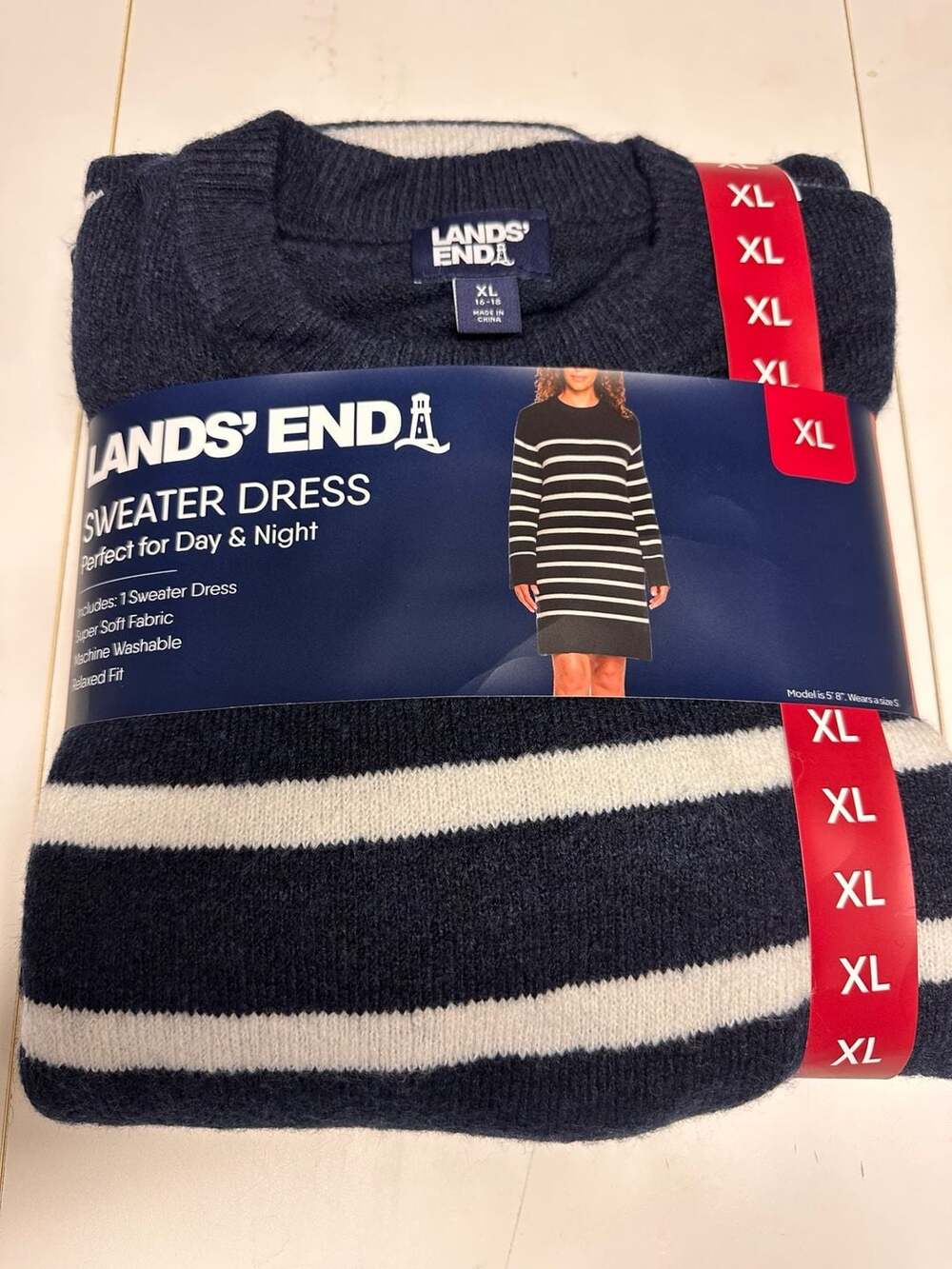 Lands' End Sweater Dress Size XL Navy Blue White Striped NWT